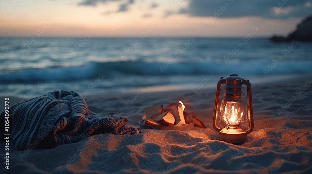 Poster a lantern sits on a sandy beach with a blanket and seashells, bathed in the warm glow of the setting