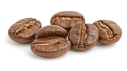 Obraz premium Roasted coffee beans spread across a white background, showcasing their shiny, dark surfaces and rich textures in detail
