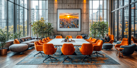 Salle de réunion moderne avec des fauteuils orange