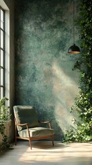Obraz premium Stylish room with simple decor, armchair, green plant, pendant lighting, light-colored flooring, big empty wall.
