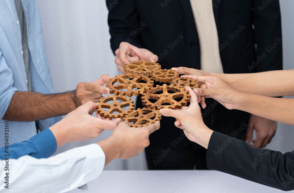 Poster business team joining cogwheel in circular together symbolize successful group of business partnersh