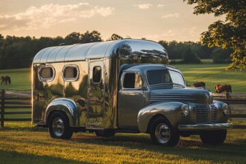 Retro Silver Camper Van in Pasture