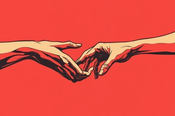 Illustration of hands reaching for each other in line graphic style for a Happy Hug Day banner, celebrating National Hug Day. Solid color background.