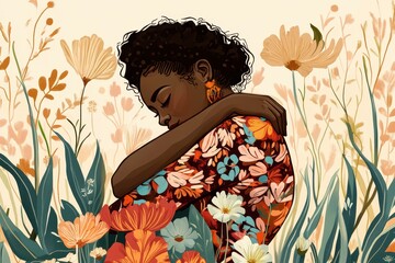 Illustration of a woman hugging herself, representing self-love and embracing equity, inspired by International Women’s Day. International Hug Day illustration.