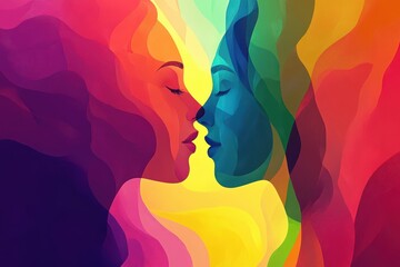 Abstract background with colorful patterns inspired by lesbian pride, blending soft and vibrant hues for International Kissing Day. International Hug Day illustration.