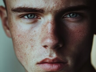 Fototapeta premium Young man with a beard and blue eyes stands in front of a white wall. His eyes are closed, and he has a serious expression on his face