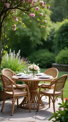 A table with four chairs and a vase of flowers in the middle