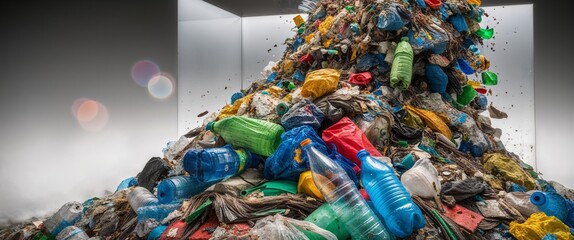 Fototapeta premium Pile of assorted plastic waste in an enclosed space