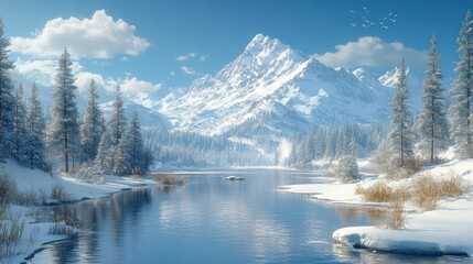 Fototapeta premium Serene winter landscape with mountains, trees, and a calm river.