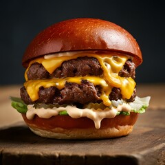 Testy and Juicy Cheeseburger on Wooden Table