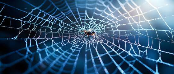 Obraz premium A detailed view of a spider's web against a dark backdrop, illuminated by light emanating from the web's center