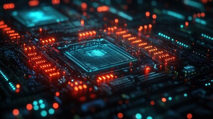 Fototapeta premium Close-up of a futuristic circuit board with glowing components.