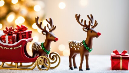 Obraz premium Handcrafted reindeer figures with a sleigh loaded with gifts, set against a backdrop of warm festive lights. Ideal for bringing holiday cheer to seasonal decor.