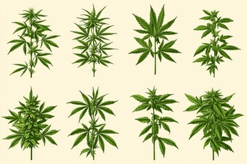 Fototapeta premium Repeating botanical pattern of cannabis plants in varying sizes arranged on a beige background ideal for textiles decor or branding in eco conscious nature inspired product design