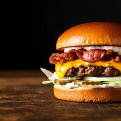 Testy and Juicy Cheeseburger on Wooden Table