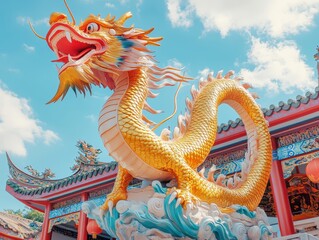 Fototapeta premium Golden dragon statue inside a Chinese temple with a clear blue sky, symbolizing prosperity and strength, perfect as a Chinese New Year wallpaper.