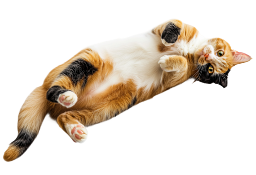 Playful Calico Cat Relaxing isolated on white or transparent background, png clipart, design element
