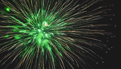Fototapeta premium Close-up of blue and green fireworks burst at night, illuminating the dark sky with vibrant trails and sparks, festive celebration with bright colours, dynamic energy, powerful visual display