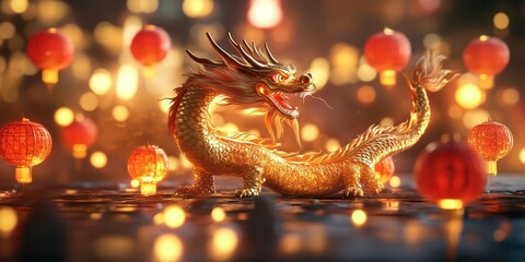 Fototapeta premium A 3D-rendered scene featuring a golden dragon and auspicious red lanterns for the Chinese New Year, creating a festive and prosperous atmosphere.