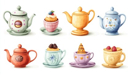 Set of teacups and saucers with various designs and colors. The teacups are arranged in a row, with some placed on a saucer and others on a saucer without a cup