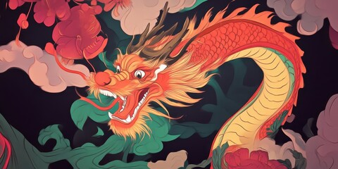 Obraz premium A hand-drawn cartoon-style illustration celebrating the Year of the Dragon, highlighting traditional elements of Chinese New Year with a playful touch.