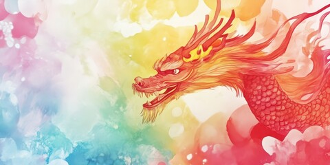 Obraz premium A watercolor illustration of a wooden dragon set against a colorful background, celebrating the Chinese New Year in dynamic style and capturing artistic expression.
