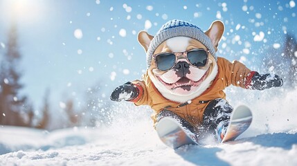 A trendy Bulldog, wearing a stylish ski outfit, confidently skis down a makeshift slope in a bustling city. The contrast between the urban environment and the dog's unexpected athleticism creates a vi