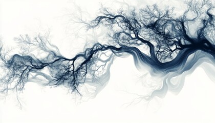 Fototapeta premium Abstract tree branches intertwine, flowing into vibrant patterns, evoking a sense of movement and organic beauty in a surreal landscape.