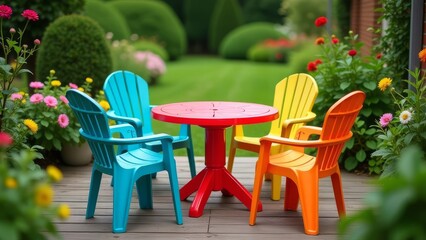 A colorful outdoor patio set with four chairs and a red table