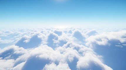 Fototapeta premium View from an airplane wing, soaring over soft, cotton-like clouds, with a stunning blue sky and warm light spilling over the horizon