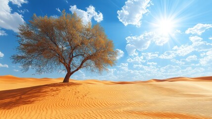 Naklejka premium A Solitary Tree in a Desert Landscape Under a Blue Sky with White Clouds