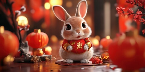 An 8K 3D rendering of "Happy Chinese New Year, Year of the Rabbit." The illustration features the rabbit zodiac symbol in a festive setting, capturing the joy of the holiday.