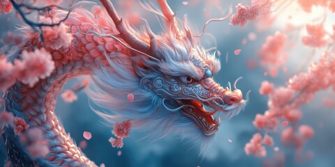 Fototapeta premium An 8K illustration of an astral Chinese dragon with cherry blossoms for Chinese New Year. The design blends celestial elements with traditional symbols, creating a mystical and festive image.