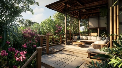 Flower-filled terrace of a traditional Thai house, wooden railings, and bamboo accents