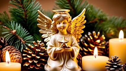 A beautiful angel figurine with golden wings, surrounded by pinecones, candles, and ornaments. Perfect for holiday decorations and spiritual-themed displays.