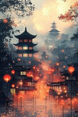 Fototapeta premium Illuminated Pagoda in a Misty Asian Cityscape with Red Lanterns