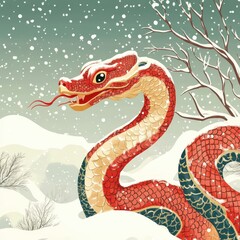 Fototapeta premium An illustration of a snake for Chinese New Year on a snowy background, combining the zodiac symbol with a winter setting for a unique festive image.