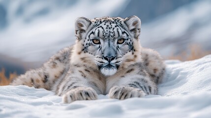 Obraz premium A close-up of a snow leopard resting in a snowy landscape.