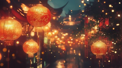 Obraz premium A vibrant illustration of Chinese New Year lanterns adorning a lively festive street scene, capturing the essence of traditional celebrations and cultural joy.