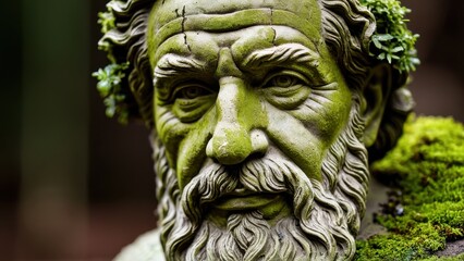 A moss-covered statue of an elderly man, weathered by time, blending harmoniously with the surrounding greenery. A captivating piece for garden or outdoor decor.