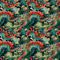 Fototapeta premium Traditional Dragon Seamless Pattern. Pattern for wallpaper, background, print on fabric and paper.