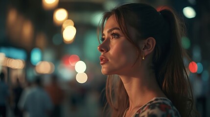 Fototapeta premium Woman with Ponytail Standing in City at Night with Blurry Lights in Background