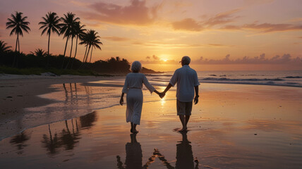 Fototapeta premium elderly couple walking at the beach