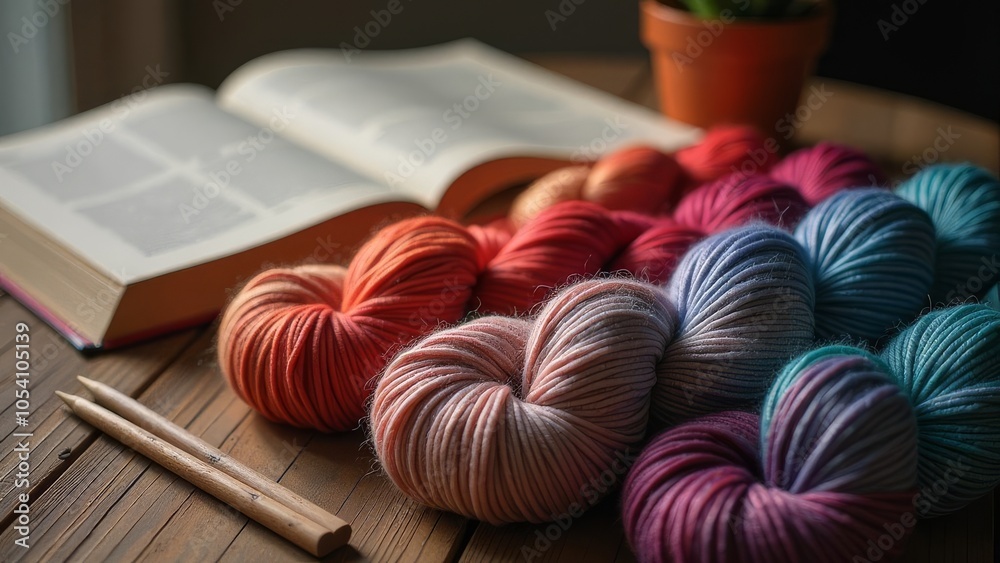 Poster A book is open on a table with a variety of colorful yarns next to it