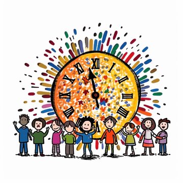 Diverse group of children stand joyfully under a vibrant, exploding clock illustration.