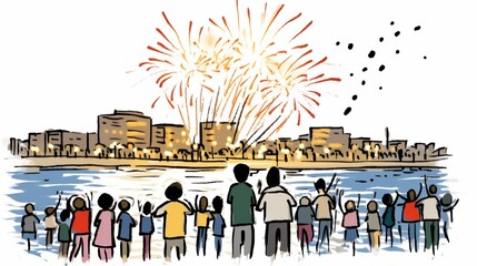 Obraz premium A diverse crowd gathers by the waterfront to enjoy a vibrant fireworks display lighting up the city skyline.