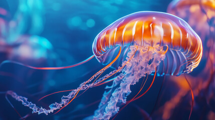 Fototapeta premium Close-up of a jellyfish with orange and white striped bell