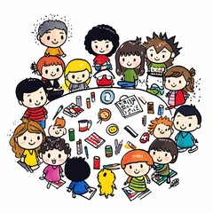 Diverse group of children sitting in a circle, engaged in creative learning activities.