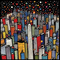 Obraz premium Vibrant abstract cityscape with colorful skyscrapers under a starry night sky.