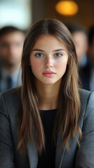 Obraz premium Young woman with long brown hair looking directly at the camera in a grey jacket.